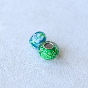 Two PC Murano Glass Spacer Bead Charms Green Blue Handmade Italian Glass Set